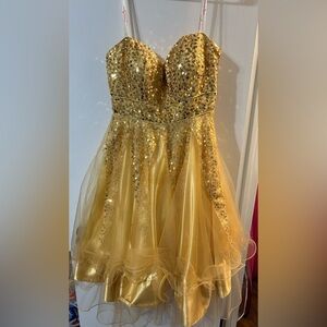 Strapless Knee Length Gold Dress